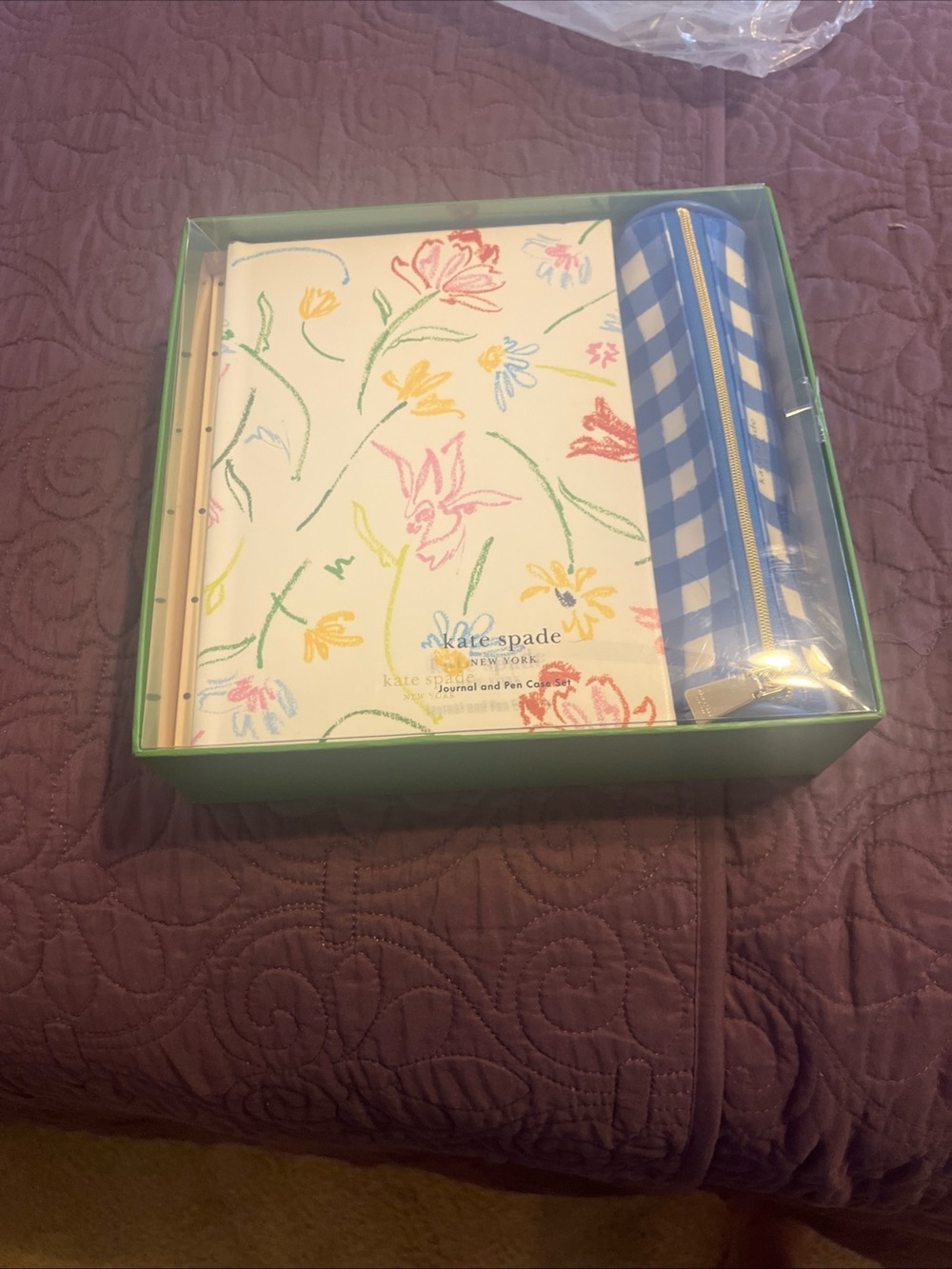 kate spade White Floral Journal with Blue Gingham Pen Case